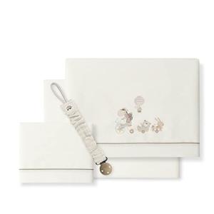 Sábanas cuna Jirafa Bicicleta beige con chupetero muselina