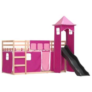 vidaXL Litera con tobogán y Cortinas Rosa 90x200 cm