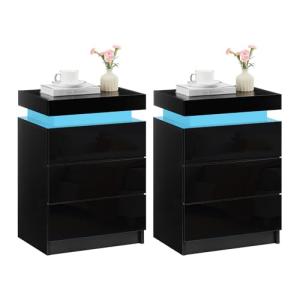 TUKAILAI Juego de 2 Mesitas de Noche Negras con Luz LED, 3…