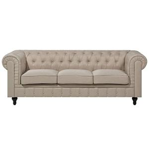 Sofá Chesterfield tapizado en Tela Beige Patas de Madera Os…