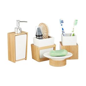 Relaxdays Juego de Accesorios de Baño Moderno, Bambú-Cerámi…