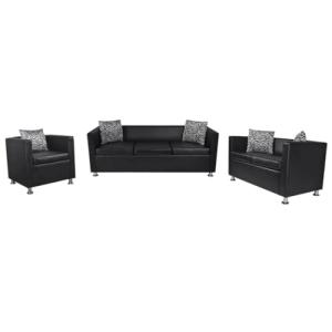 vidaXL Set de Tres sofás de Cuero Artificial Negros 2 plaza…