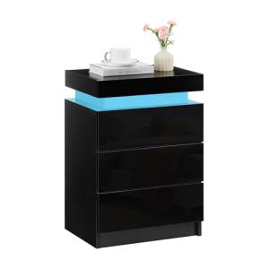 TUKAILAi Mesita de noche negra con luz led, con 3 cajones y…