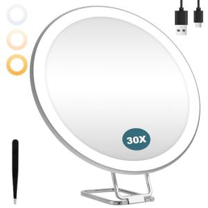 RISVOWO 30X Espejo Maquillaje con Luz, Espejo Aumento con l…