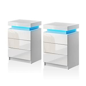 TUKAILAI Juego de 2 mesitas de Noche Blancas con luz LED, 3…