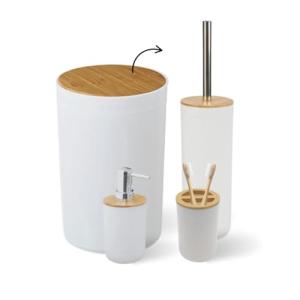 Biberty Set Accesorios de baño Blanco y Bambú | Incluye Pap…