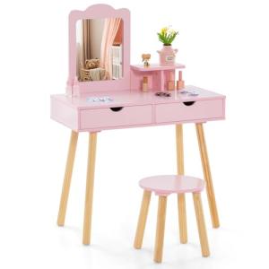 COSTWAY Juego de Tocador Infantil Niña, 2 en 1 Mesa de Toca…