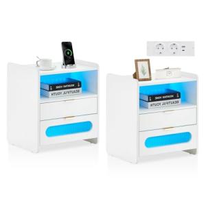 TUKAILAI Juego de 2 mesitas de noche LED, mesa auxiliar bla…