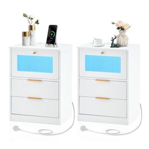 TUKAILAI Juego de 2 mesitas de noche con LED, mesa auxiliar…