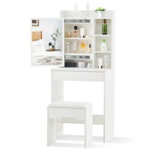 LEMROE Tocador blanco con espejo corredizo y taburete, mesa…