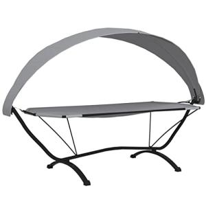 Cama de salón al aire libre con dosel de acero gris y tela…