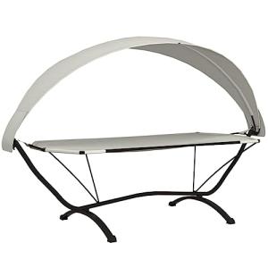 Cama de salón al aire libre con dosel de acero crema y tela…