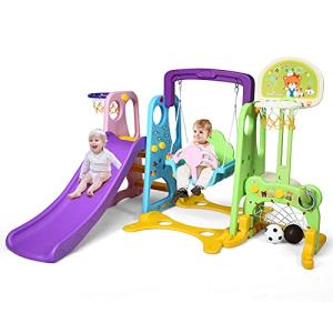 GOPLUS Parque Infantil 6 en 1, Tobogán y Canasta de Balonce…
