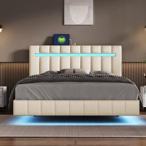 BENMWS Cama tapizada, marco de cama flotante acolchado con…