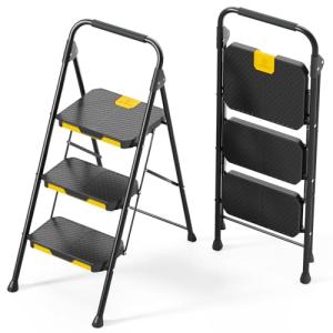 KINGRACK Escalera Plegable de 3 Peldaños con Bloqueo de Seg…