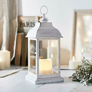 Lights4fun Farol de vela decorativa blanco envejecido, func…