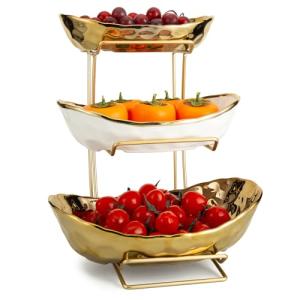 XUDREZ Frutero blanco dorado para cocina, 3 niveles de cerá…