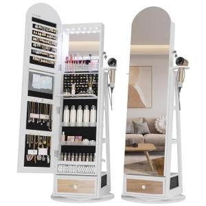 LVSOMT LED Espejo Joyero de pie Arqueado, Giratorio 360° Ar…