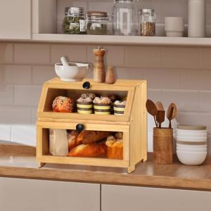 RayLove Panera de madera, panera de doble capa, gran conten…