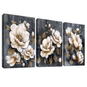 3 Pcs Crema Peonias Flores Marco de Madera Cuadro Moderno A…