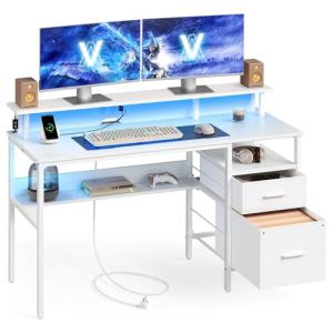 VASAGLE Escritorio con Cajones de Tela, Luces LED y Tomas C…