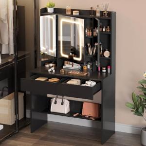 YITAHOME Tocador Negro con 3 Espejos y 2 cajones, tocador p…