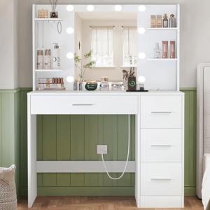 TEENFON Tocador, Tocador de Maquillaje con Luces y Espejo,…