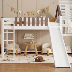 Cama para niños en forma de casa con tobogán y escalera, li…