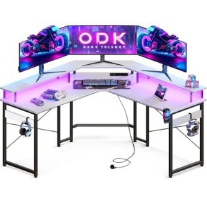 ODK Mesa Gaming con LED, Escritorio Gaming con Enchufes y P…