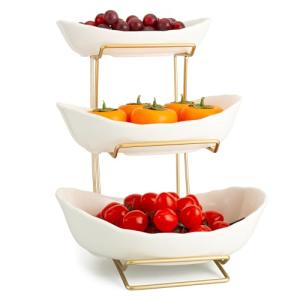 XUDREZ Frutero blanco dorado para cocina, 3 niveles de cerá…