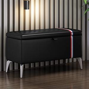 Banco moderno de cuero negro con asiento acolchado y almace…