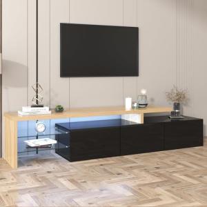 Azkoeesy Mueble para TV de 200 cm, color negro brillante, c…