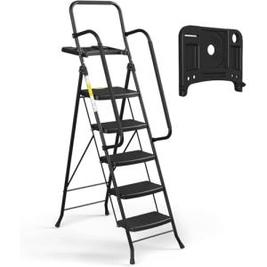 HBTower Escalera 5 Peldaños Plegable con Bandeja Portaherra…