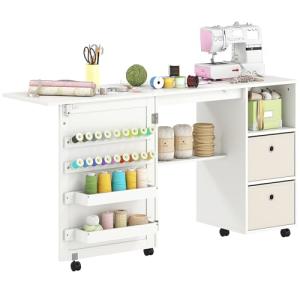 HOMCOM Mesa de Costura Plegable con 6 Ruedas, Mueble para M…
