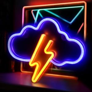 Neon Pared Nubes Azules Relámpago Amarillo, Luz Neon, Carte…