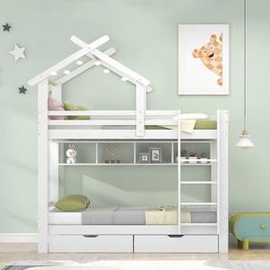 Litera con cajones y estantes, cama con escalera de tres ni…