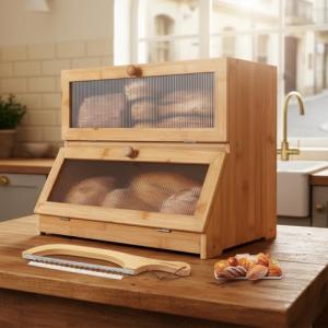 Panera de doble capa de bambú y madera, contenedor vintage…