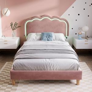 BENMWS Cama tapizada LED individual, estructura de cama con…