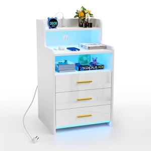 Mesita de Noche Blanca con luz LED - Mesa Auxiliar con Base…