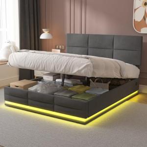 Moimhear Cama tapizada de cama doble de 140 x 200 cm con LE…