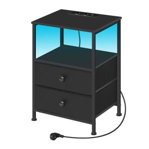 WOLTU Mesita Noche con Enchufes, Mesa Auxiliar Luz LED, 2 C…