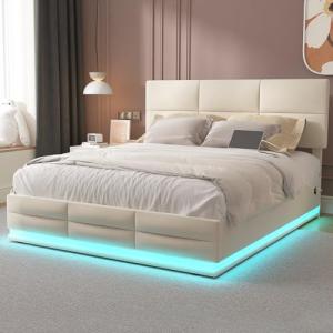 Moimhear Cama tapizada de cama doble de 140 x 200 cm con LE…
