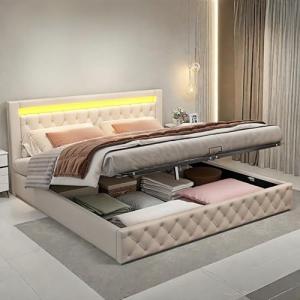 Cama Matrimonio 180x200 con LED, Cama tapizada 180x200cm co…