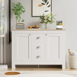 Aparador de madera blanca cálida con 2 puertas y 3 cajones,…