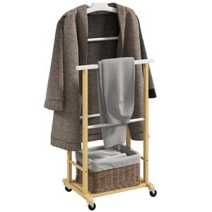 HOMCOM Galán de Noche de Bambú, Perchero con Ruedas, Colgad…