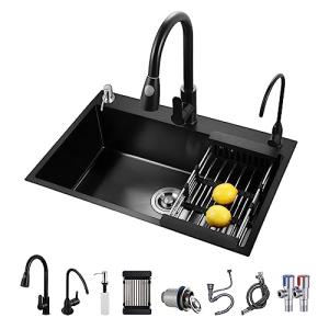 KELINGOUD Fregadero de cocina negro, de acero inoxidable, 1…