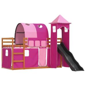 vidaXL Litera con tobogán y Cortinas Rosa 90x190 cm