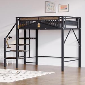 Moimhear Cama alta de metal con valla de seguridad con vent…