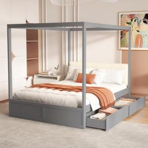 Moimhear Cama con dosel, 140 x 200 cm, con 2 cajones grande…