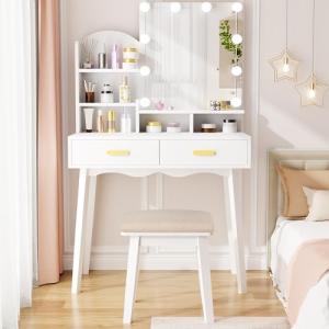 ANWBROAD Tocador de Maquillaje con luz y Taburete Blanco To…